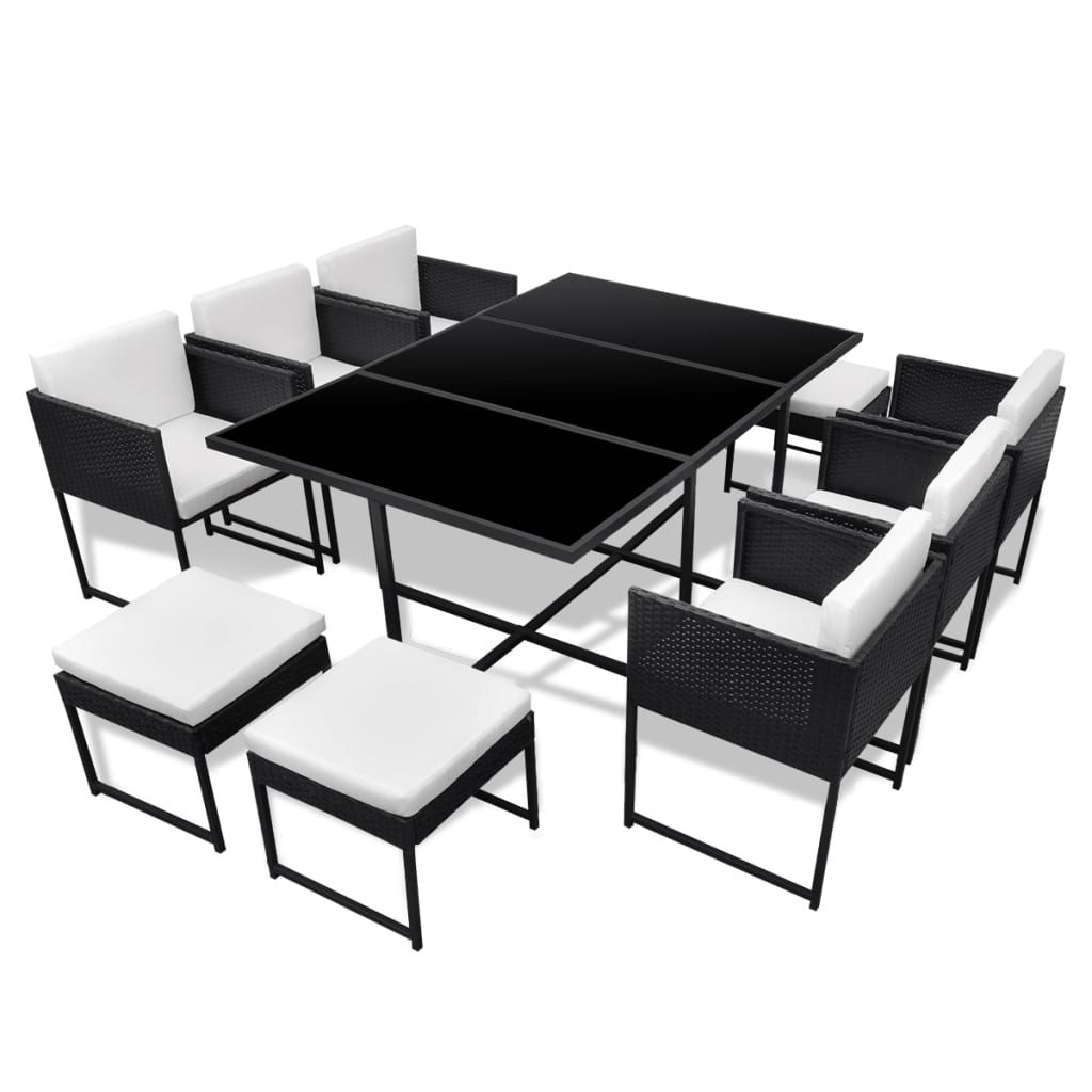 11-delige Tuinset met kussens poly rattan zwart