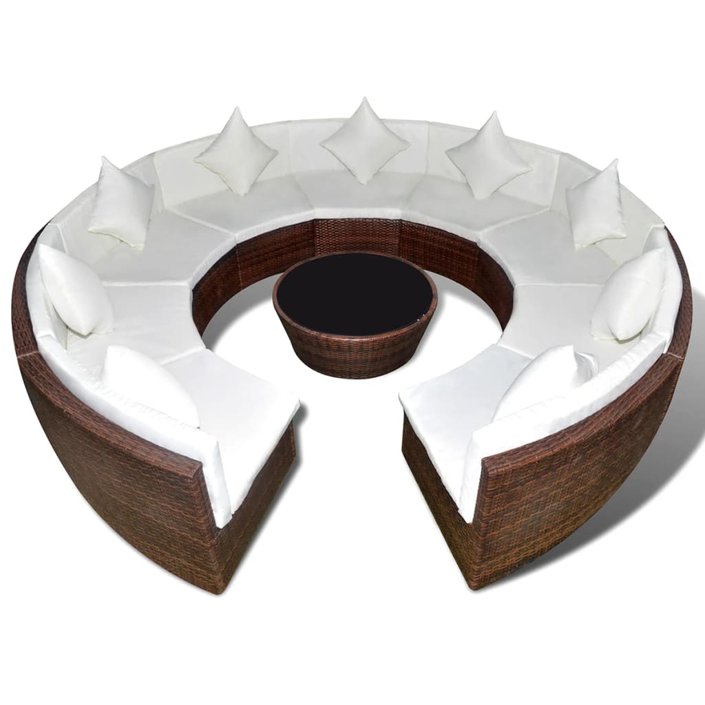 10-delige ronde Loungeset met kussens poly rattan bruin
