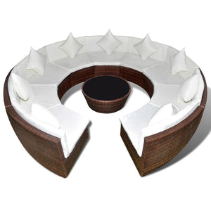 10-delige ronde Loungeset met kussens poly rattan bruin