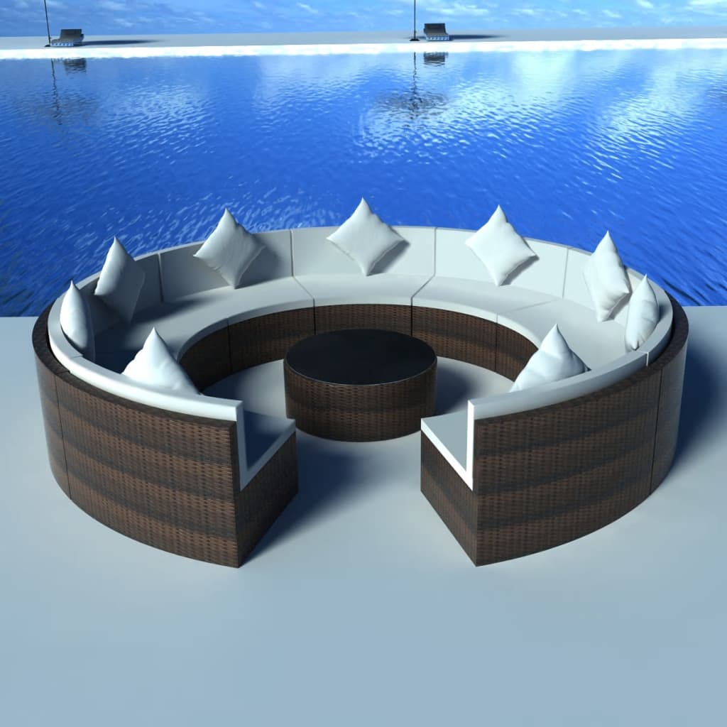 10-delige ronde Loungeset met kussens poly rattan bruin