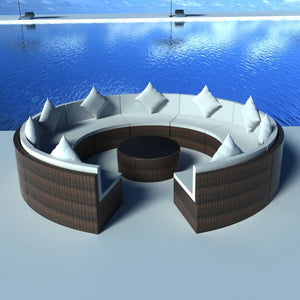 10-delige ronde Loungeset met kussens poly rattan bruin