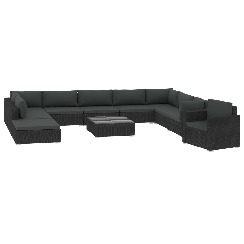 11-delige Loungeset met kussens poly rattan zwart