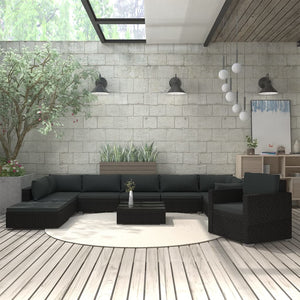 11-delige Loungeset met kussens poly rattan zwart