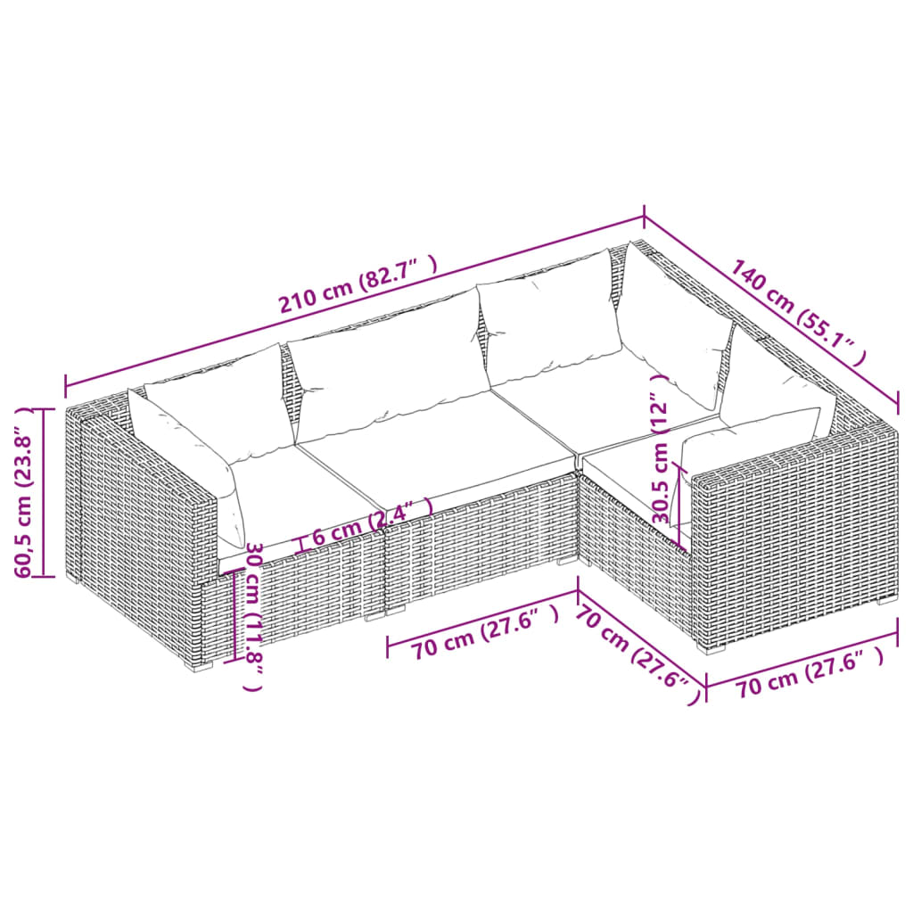 4-delige Loungeset met kussens poly rattan bruin