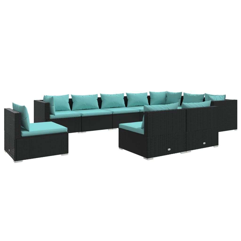 10-delige Loungeset met kussens poly rattan zwart