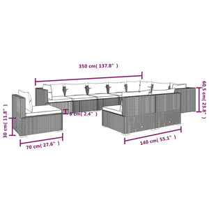 10-delige Loungeset met kussens poly rattan zwart