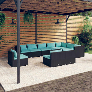 10-delige Loungeset met kussens poly rattan zwart