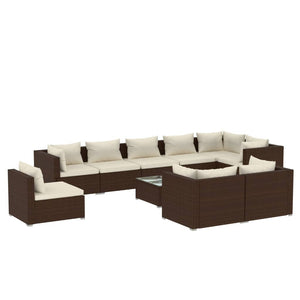 10-delige Loungeset met kussens poly rattan bruin