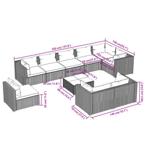 10-delige Loungeset met kussens poly rattan bruin