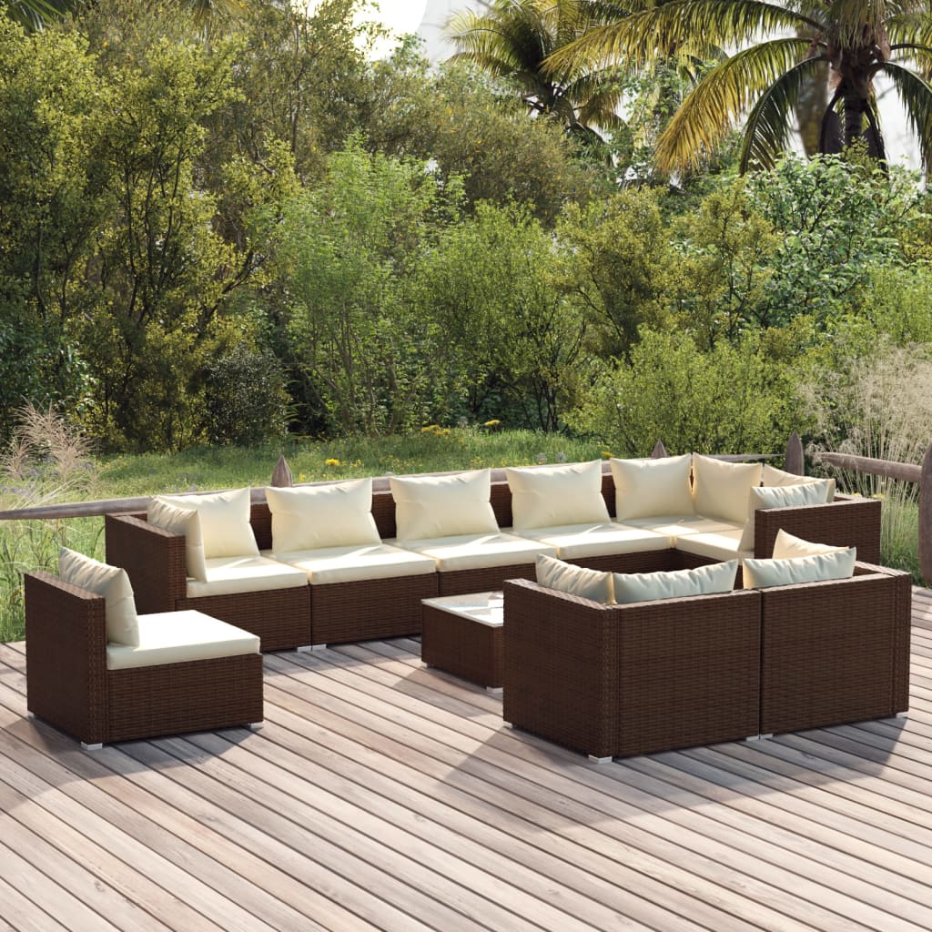 10-delige Loungeset met kussens poly rattan bruin