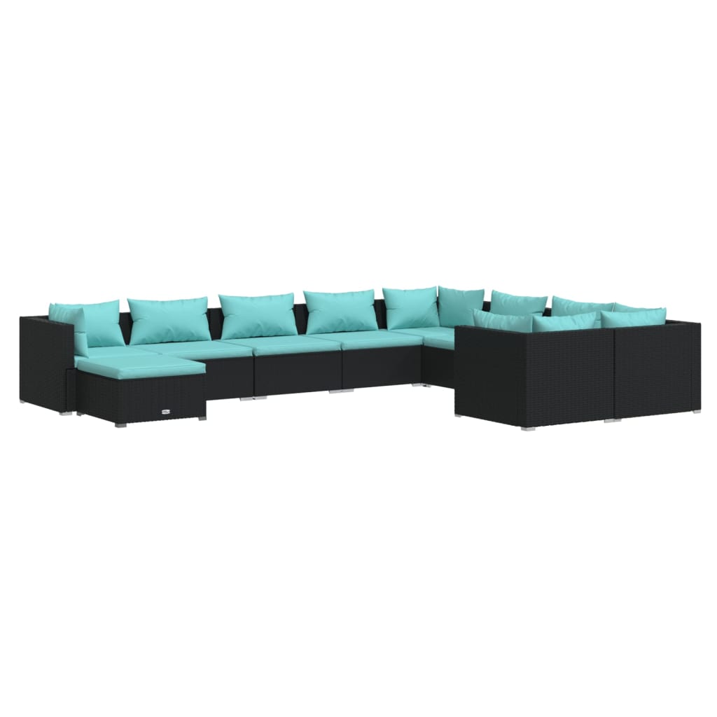 10-delige Loungeset met kussens poly rattan zwart