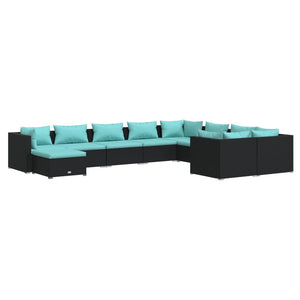 10-delige Loungeset met kussens poly rattan zwart