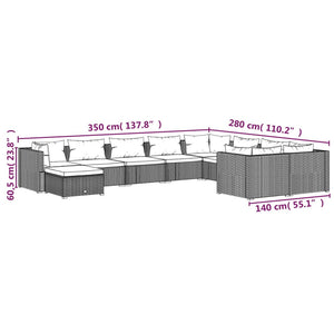 10-delige Loungeset met kussens poly rattan zwart