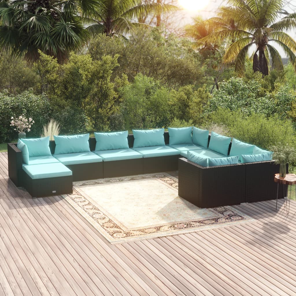 10-delige Loungeset met kussens poly rattan zwart
