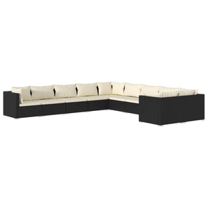 10-delige Loungeset met kussens poly rattan zwart