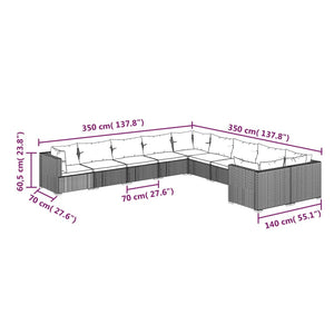 10-delige Loungeset met kussens poly rattan zwart