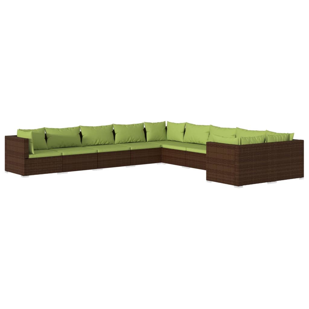 10-delige Loungeset met kussens poly rattan bruin