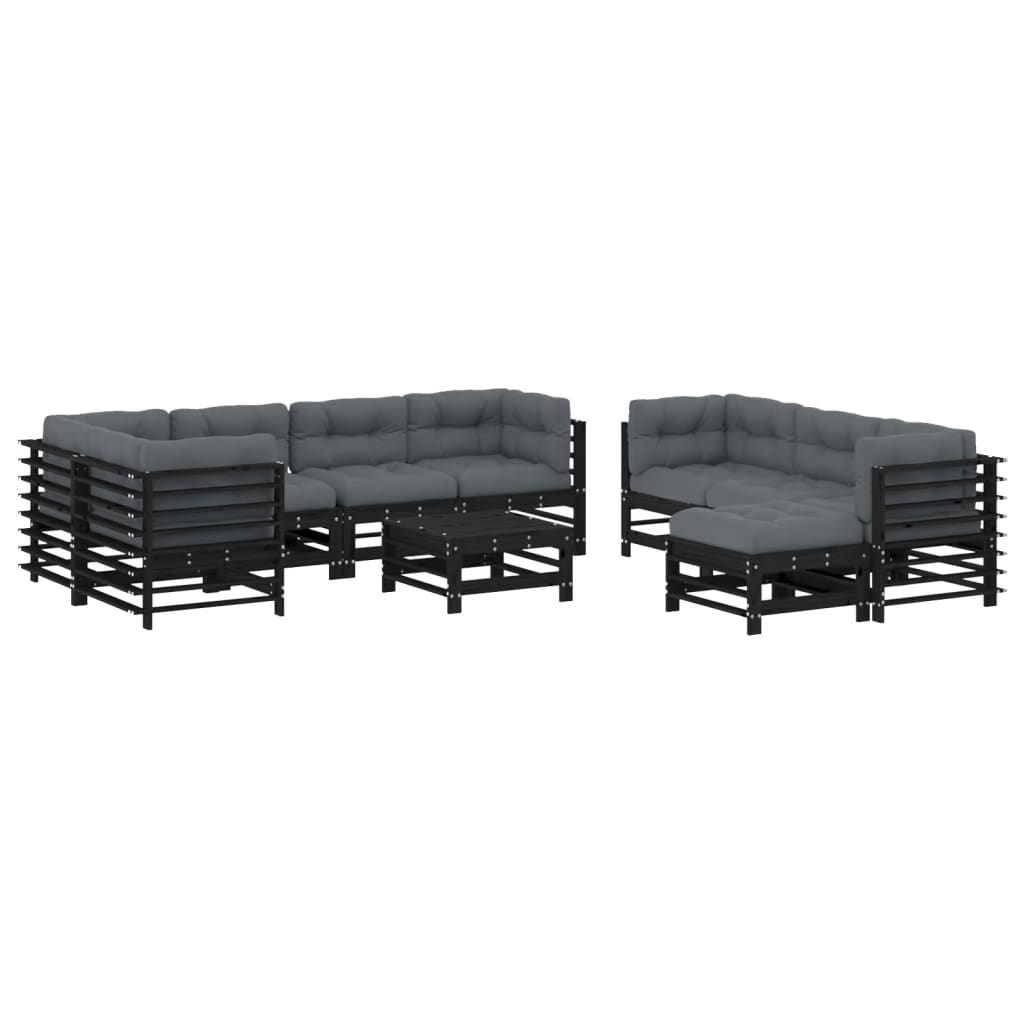 10-delige Loungeset met kussens massief hout zwart