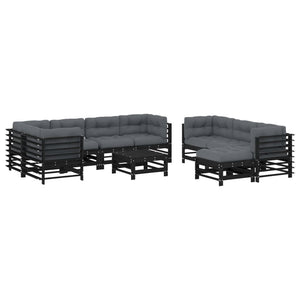 10-delige Loungeset met kussens massief hout zwart