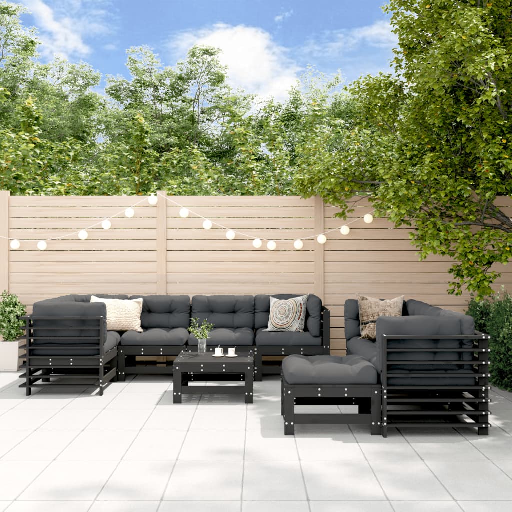 10-delige Loungeset met kussens massief hout zwart