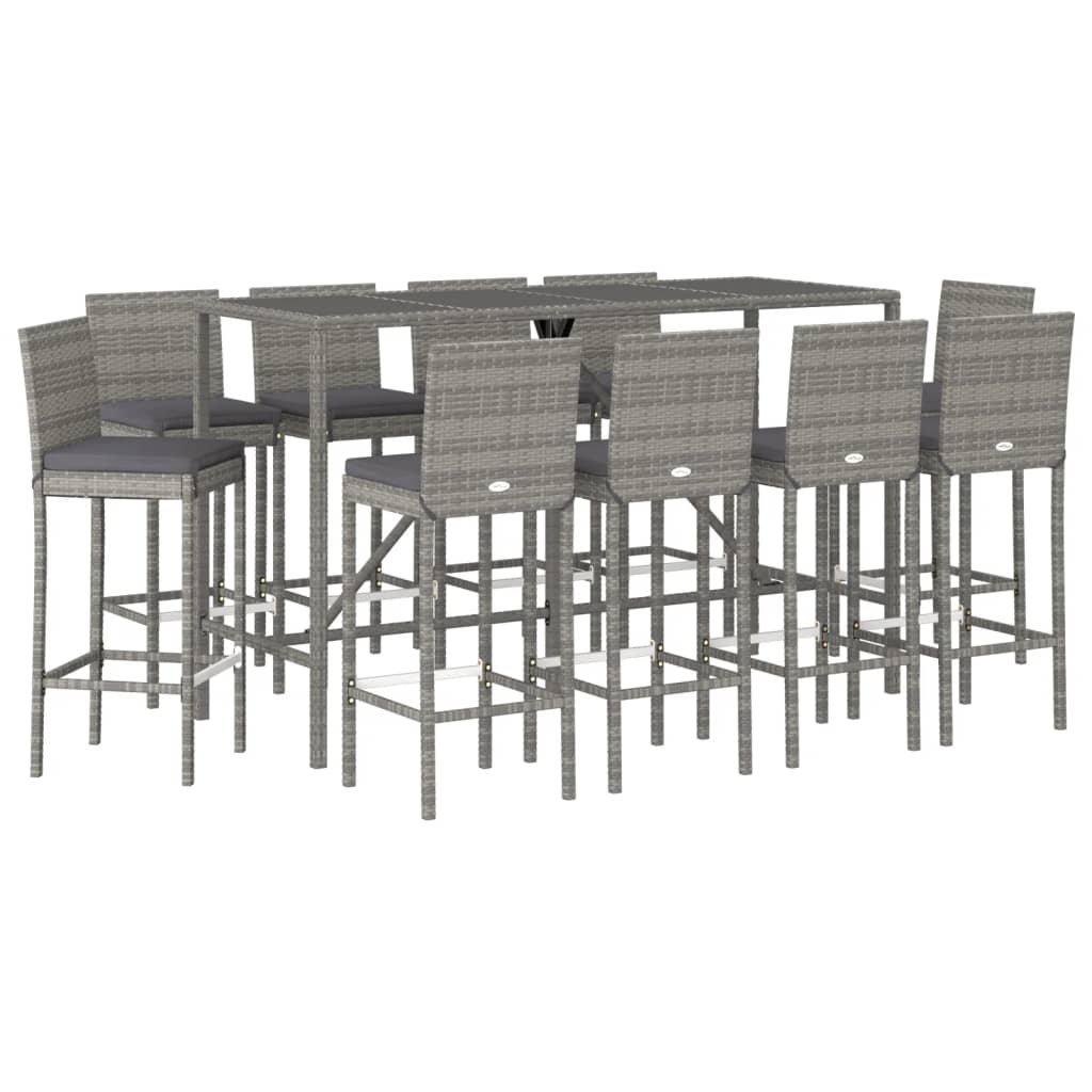 11-delige Tuinbarset met kussens poly rattan grijs
